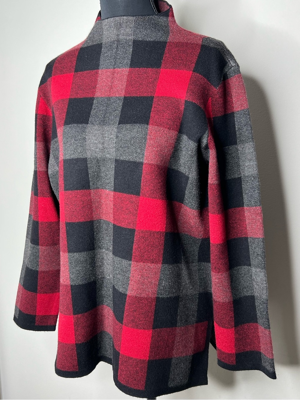 Anne Klein Buffalo Check Plaid Mock Neck Long Sleeve Knit Sweater Medium